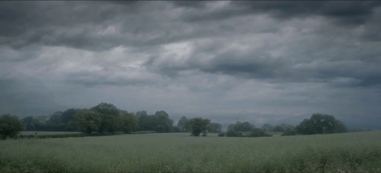 We Go In at Dawn (2020) movie still: establishing — A wide expanse of green meadow stretches toward a dense line of distant trees. Low-hanging,…