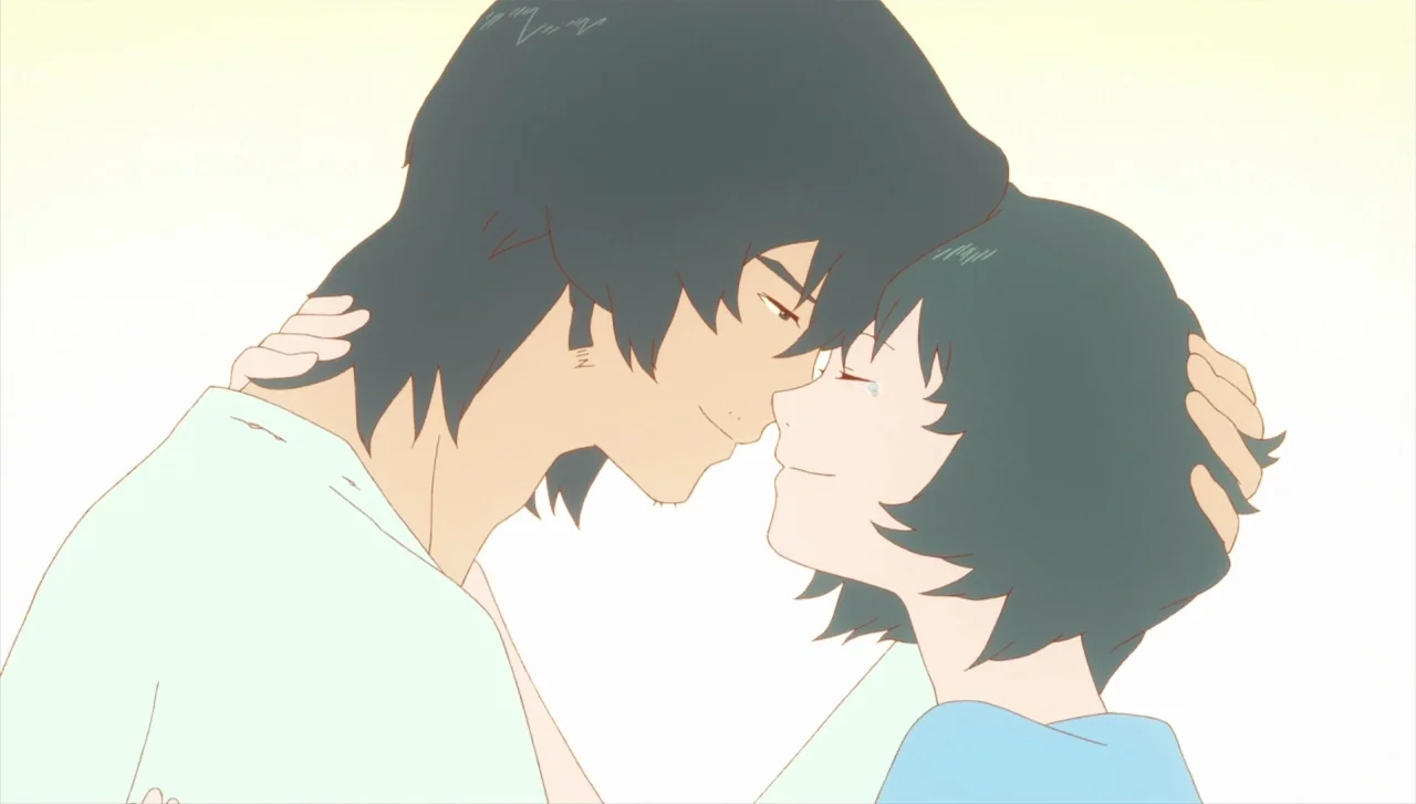 Wolf Children (2012) movie still: medium — A minimalist, brightly lit background surrounds two characters in a close embrace. A man and a woman…