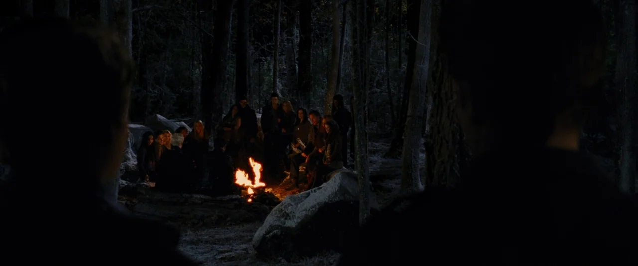The Twilight Saga: Breaking Dawn – Part 2 (2012) movie still: wide — A dark forest clearing contains a small fire surrounded by a group of people.…