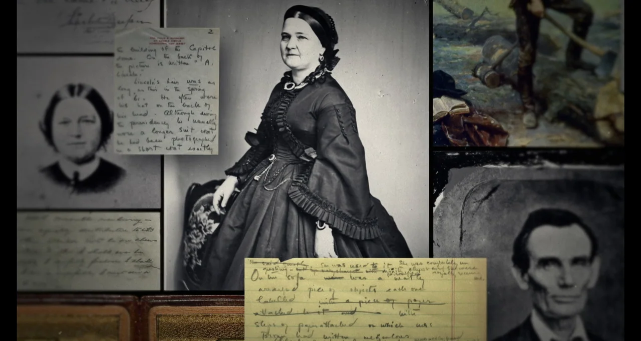 Living With Lincoln (2015) movie still: fullbody — A collection of 19th-century historical photographs and handwritten notes are displayed together.…