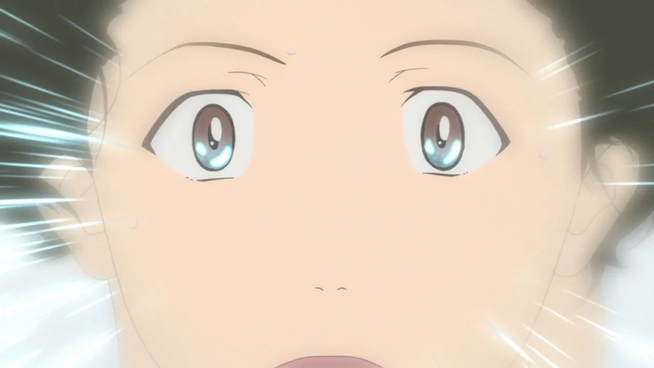 The Girl Who Leapt Through Time (2006) movie still: closeup — A close-up shot of a young girl's face in a bright setting. Her wide eyes are the…