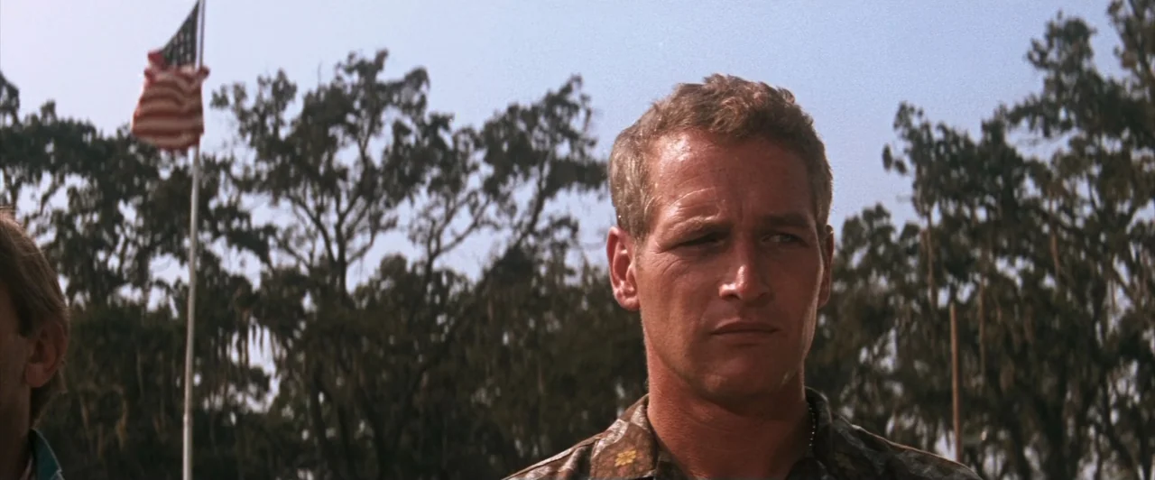Cool Hand Luke (1967) movie still: medium — An outdoor area with tall trees and a US flag on a pole visible. A man stands in the foreground looking…