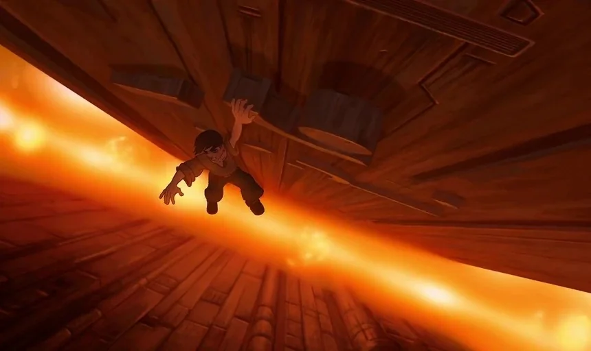 Treasure Planet (2002) movie still: medium — A dark wooden structure hangs over a chasm filled with bright orange burning flames. A man clutches the…