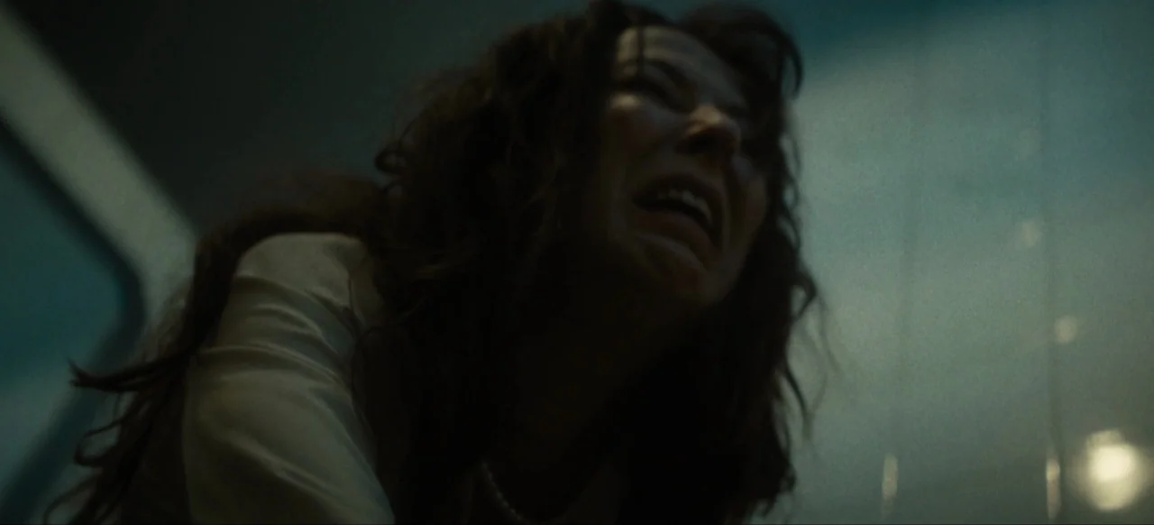 Housewife (2017) movie still: closeup — A dimly lit industrial corridor with smooth vertical wall panels and a teal tint. A woman with long wavy…