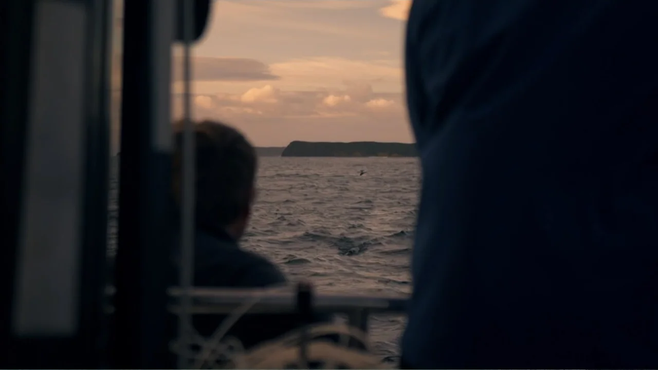 Air Jaws: Final Frontier (2023) movie still: medium — A view from a boat deck looking out toward distant land across the sea. A person sits in the…