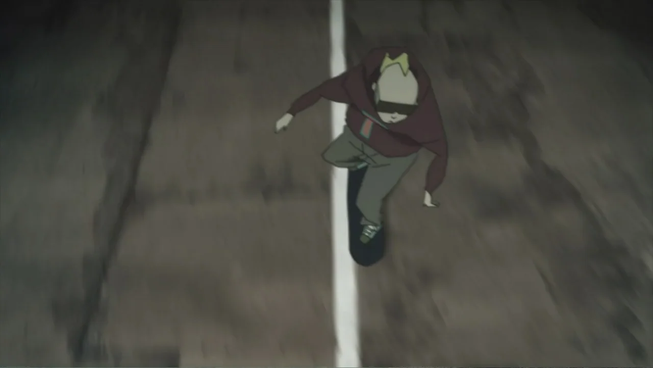 Batman: Gotham Knight (2008) movie still: medium — An asphalt road stretches out at night with a single white lane marker stripe. A teenager wearing…