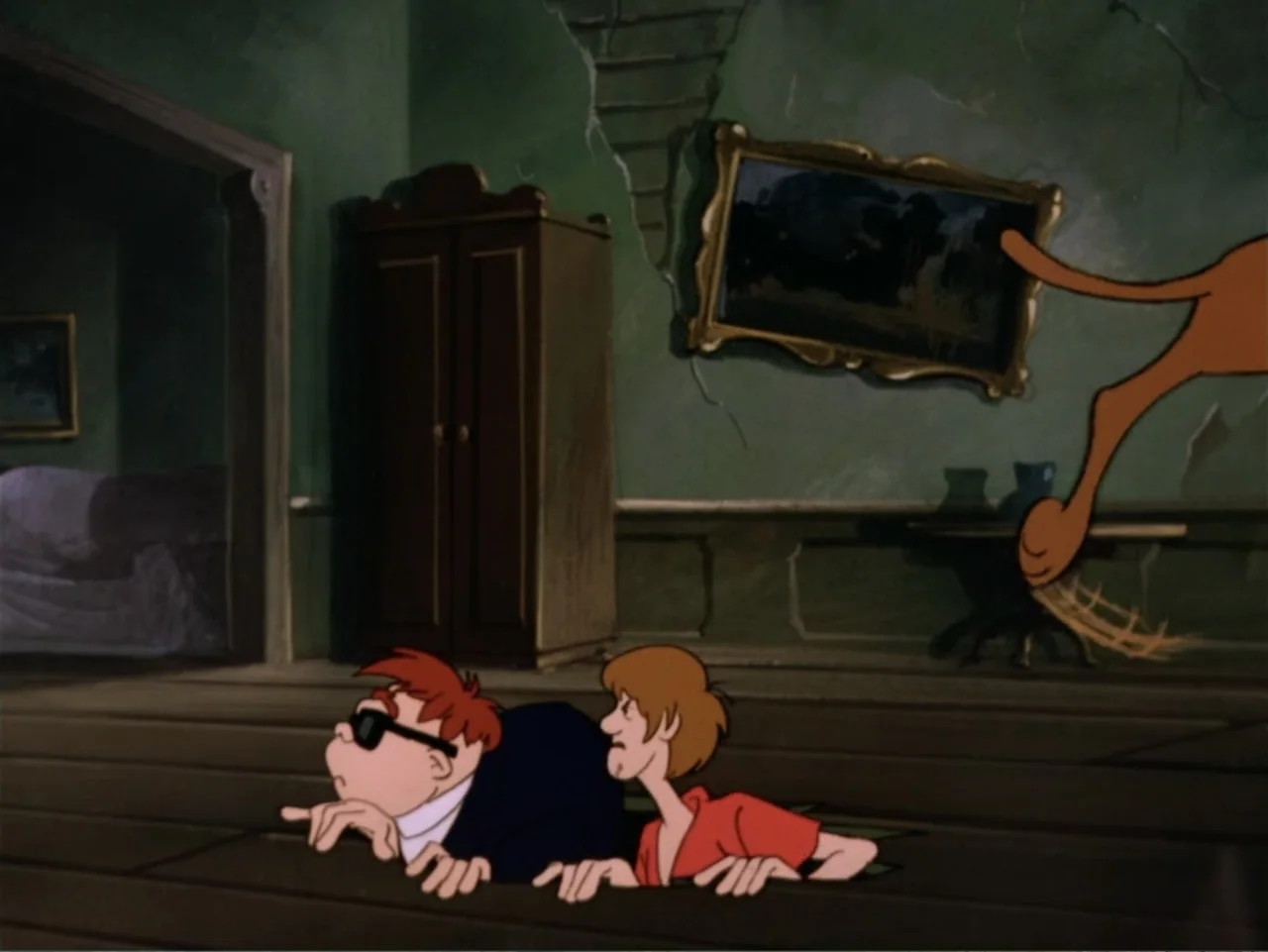 Scooby-Doo! Meets the Boo Brothers (1987) movie still: medium — A dark green room with peeling paint and an antique armoire stands in back. Two men…