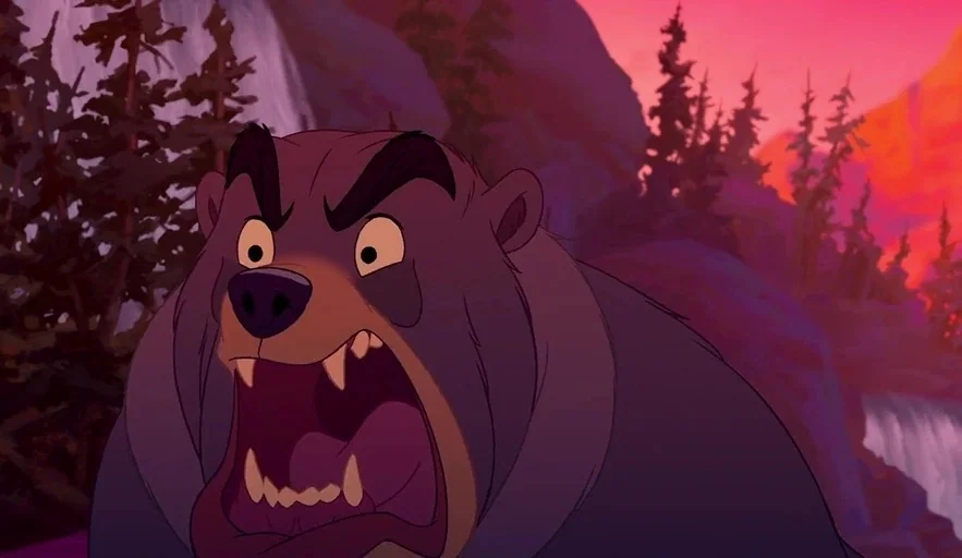 Brother Bear (2003) movie still: closeup — A mountainous wilderness landscape with a waterfall at dusk. A brown bear stands in the foreground with…
