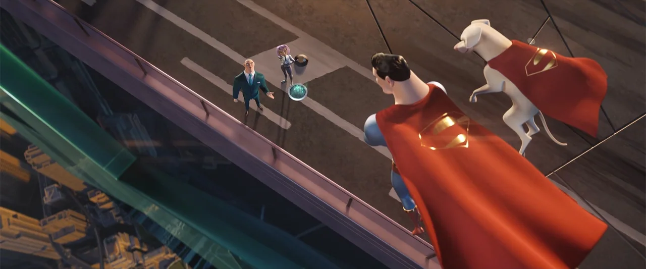 DC League of Super-Pets (2022) movie still: wide — A high-angle view looking down at a flat rooftop with a painted white line. Superman and his…