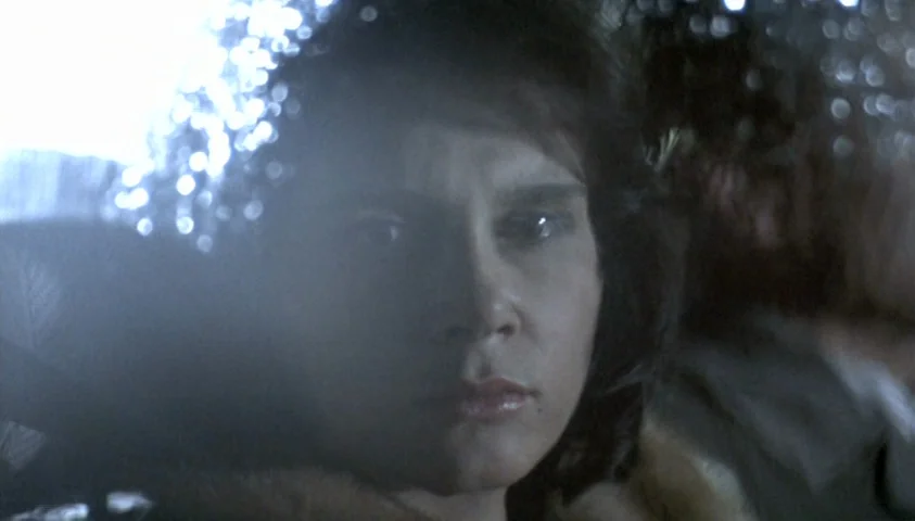 The Seventh Continent (1989) movie still: closeup — A person looks through a wet glass window inside a moving vehicle at night. Rain droplets…