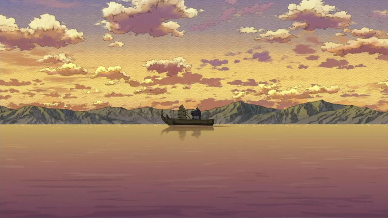 Batman Ninja vs. Yakuza League (2025) movie still: wide — A vast lake stretches toward a range of mountains under a patterned sunset sky. A small…