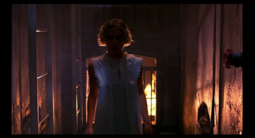 A Nightmare On Elm Street (1984) movie still: fullbody — A dark subterranean space contains a metal barred gate with flames behind it. A woman in a…