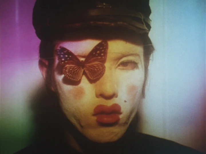 Butterfly (1974) movie still: closeup — A person with white stage makeup sits in a dark, nondescript room. A large butterfly rests on their face,…