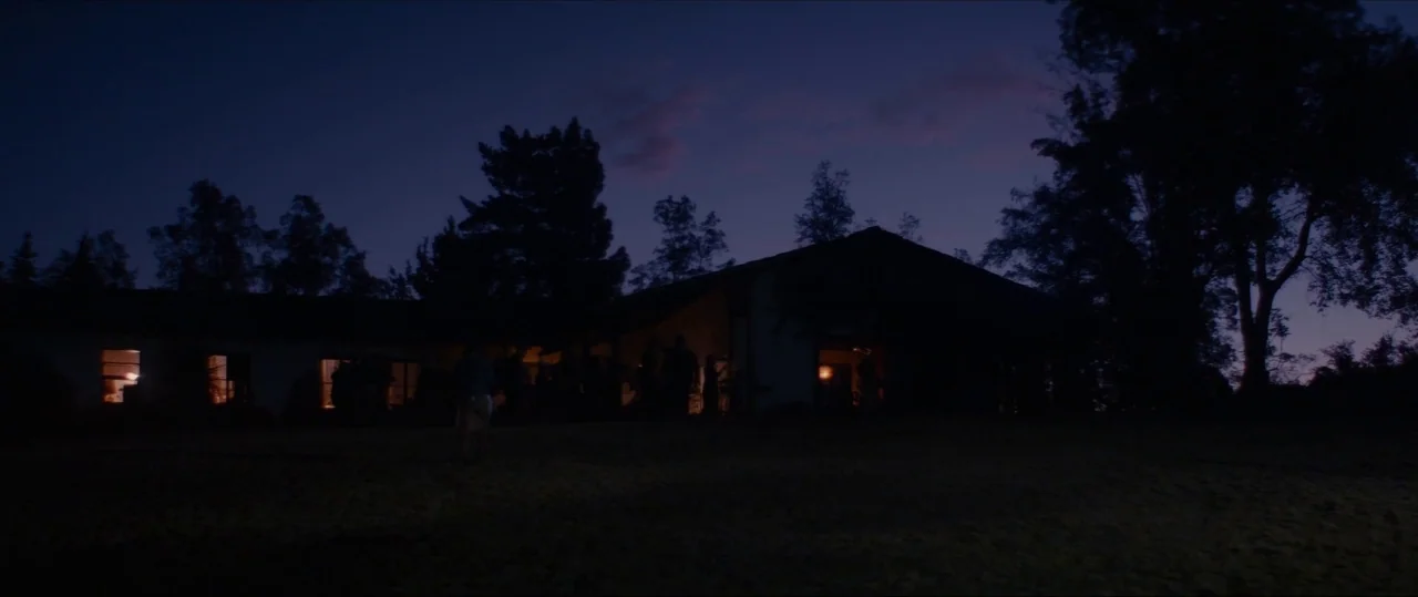Neruda (2016) movie still: establishing — A single-story residence is silhouetted against a deep indigo twilight sky with scattered trees. Warm…