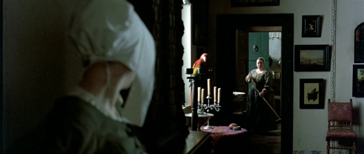 Girl with a Pearl Earring (2003) movie still: medium — A dimly lit historic room features a woman holding a tool in a doorway. A parrot and a…