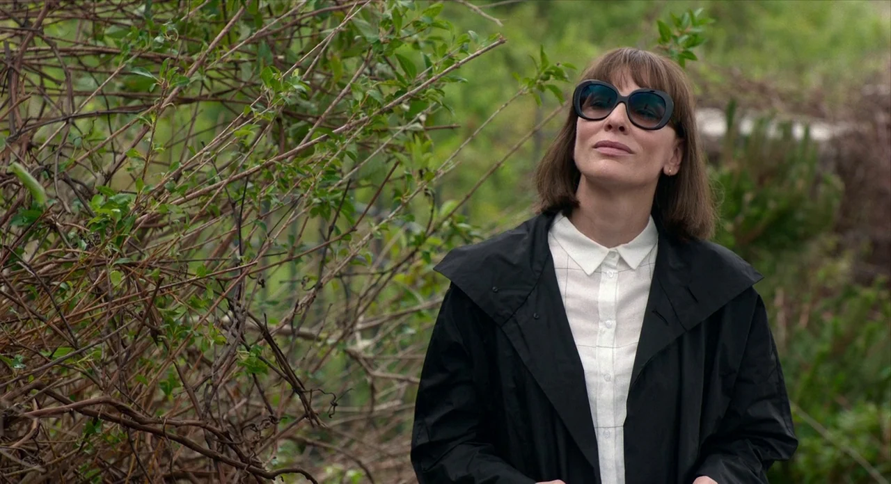 Where’d You Go Bernadette (2019) movie still: medium — A woman stands in front of a dense, leafless thicket of brown branches. She wears large black…
