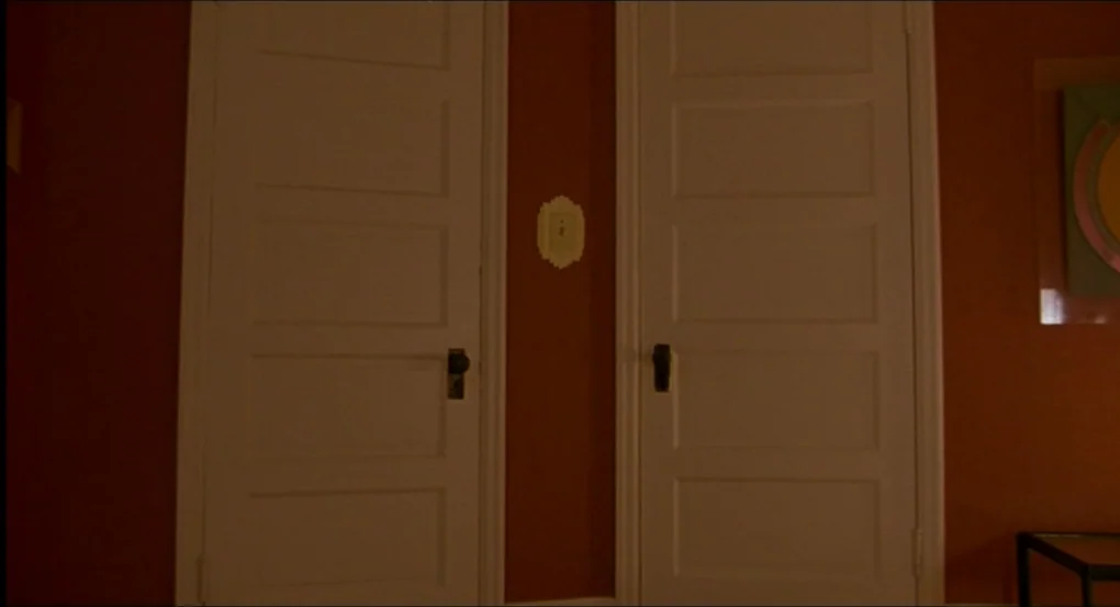 My Own Private Idaho (1991) movie still: wide — Two identical white doors are set into a wall painted in a rust-orange color. A light switch plate…