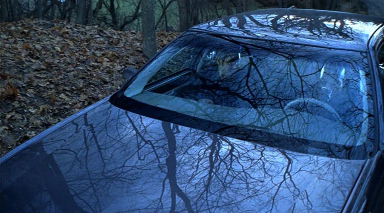 Out Of Sight (1998) movie still: medium — A dark car parked on a road covered in brown autumn leaves. Bare tree branches reflect clearly on the…