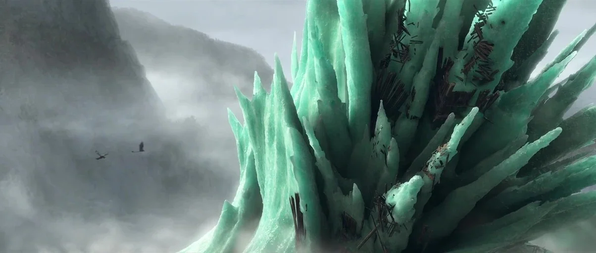 How to Train Your Dragon 2 (2014) movie still: establishing — A massive, jagged mint green crystal spire emerges from a thick bank of fog. Two birds…