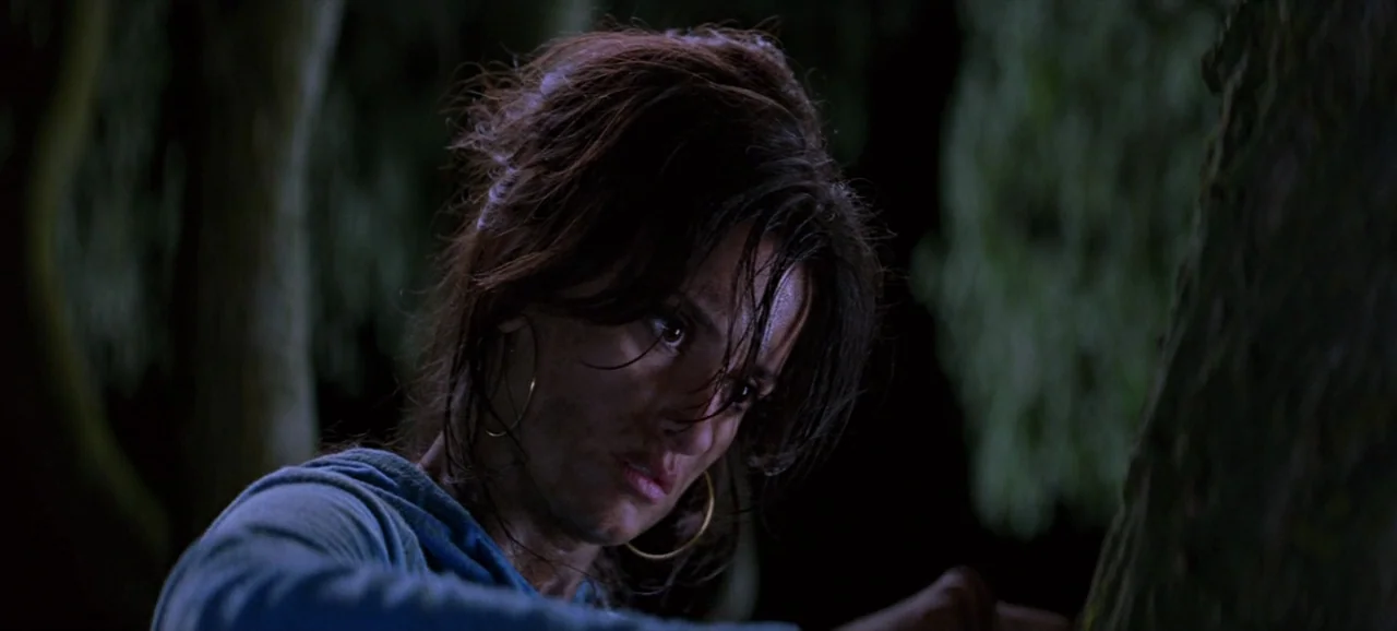 Volver (2006) movie still: closeup — A woman stands in a dark wooded area at night. She is positioned against a tree and looks to the right side of…