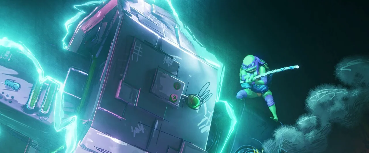 Teenage Mutant Ninja Turtles: Mutant Mayhem (2023) movie still: wide — A dark night setting featuring a metallic machine emitting powerful cyan…