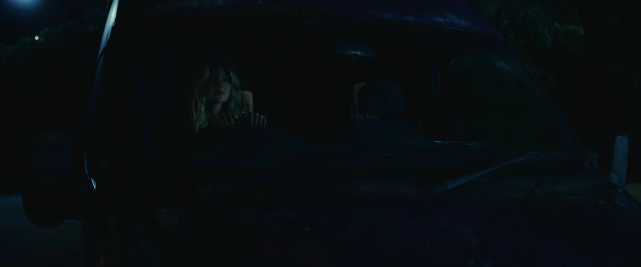 Dangerous Animals (2025) movie still: medium — A dark night setting inside the cabin of a parked van. A woman sits behind the steering wheel in the…