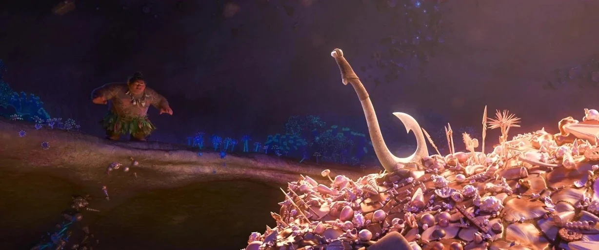 Moana (2016) movie still: wide — A subterranean environment contains a massive collection of shimmering shells and artifacts. A muscular man…