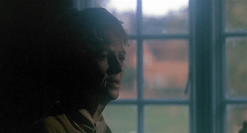 The Go-Between (1971) movie still: closeup — A dark interior room faces a paneled window looking out at a blurred exterior area. A woman is…
