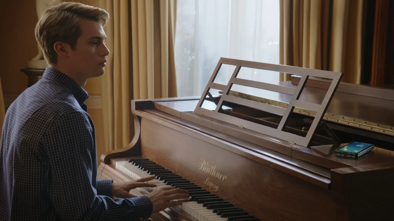 Red, White & Royal Blue (2023) movie still: medium — A well-lit music room features a large polished wooden grand piano near sheer curtains. A young…