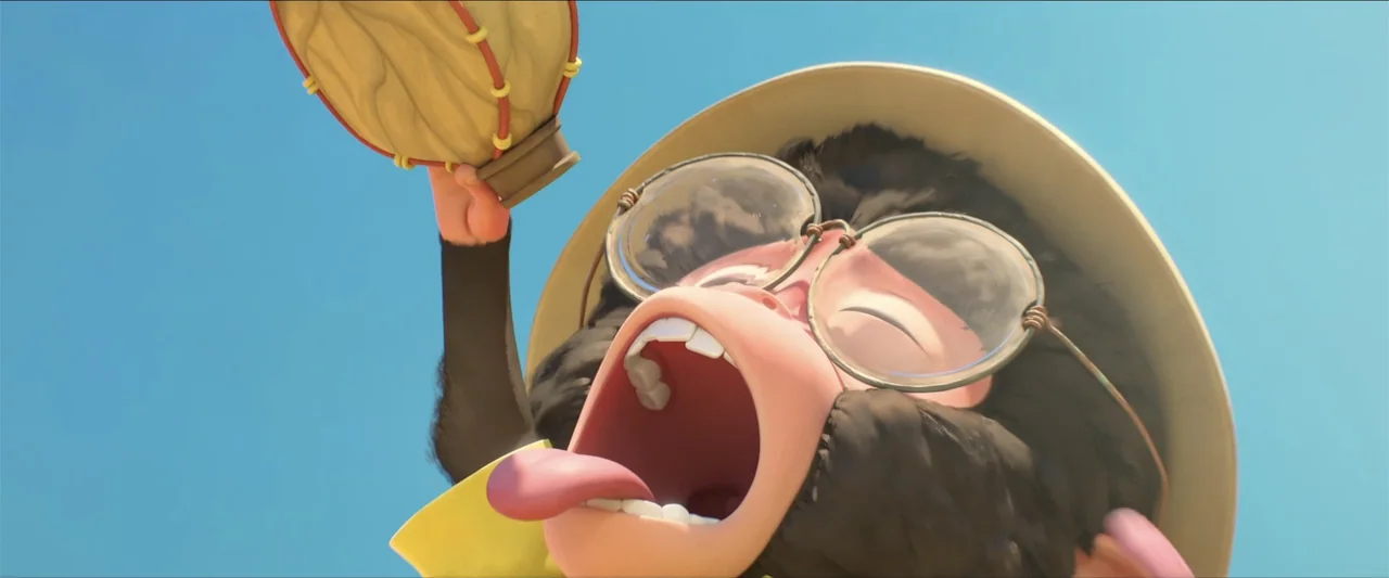 Around the World in 80 Days (2021) movie still: closeup — A stylized animated monkey with a pith helmet stands under a clear sky. The primate holds…