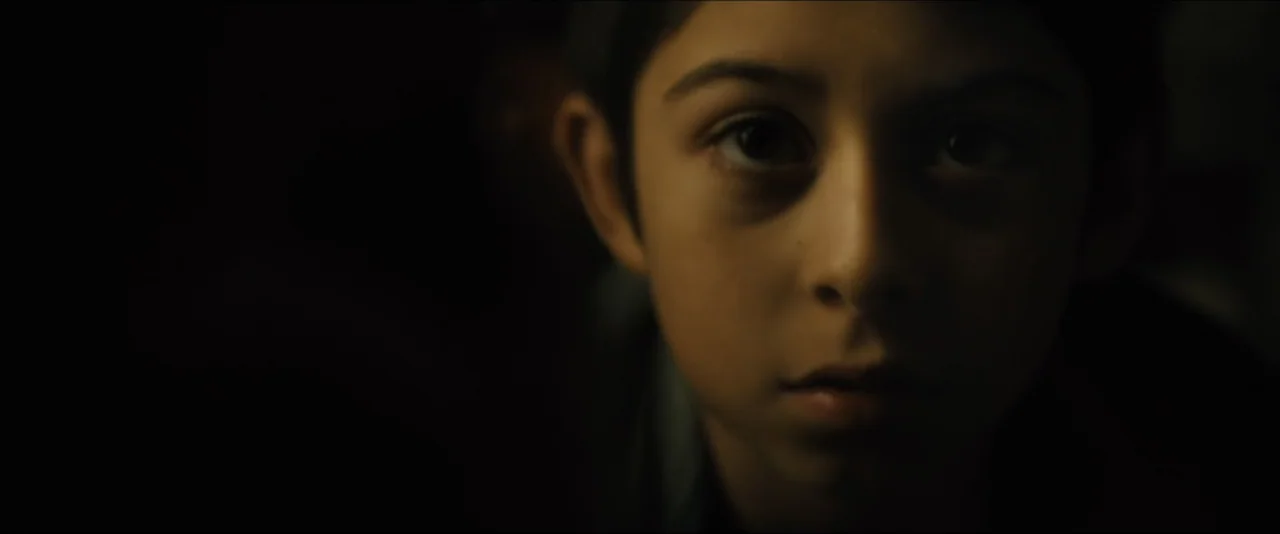 World War Z (2013) movie still: closeup — A dark, indistinct indoor space obscured by deep shadows. A young boy looks directly at the camera with a…