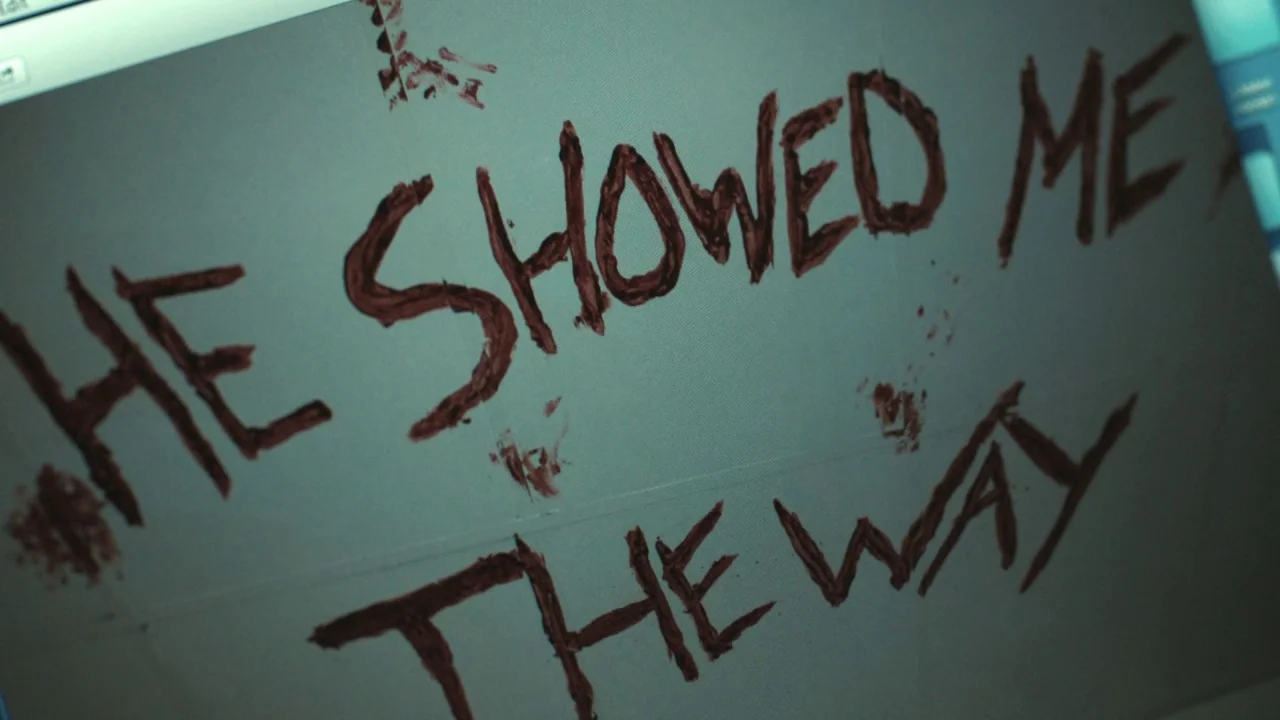 The Pact II movie still: closeup — A close-up of a digital screen displays text written in a dark red substance. The words HE SHOWED ME THE WAY are…