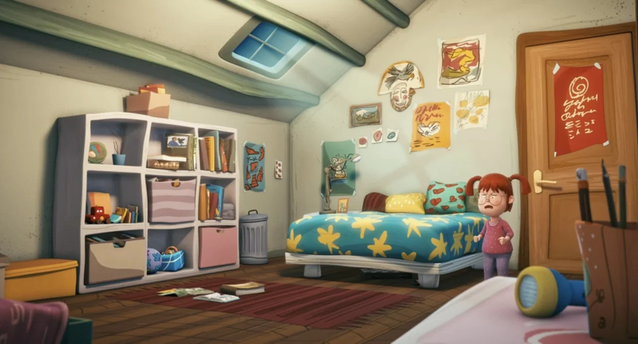 Valentina (1982) movie still: wide — An attic room features a skylight, a bookshelf, a bed with a patterned quilt. A young girl stands near the bed…