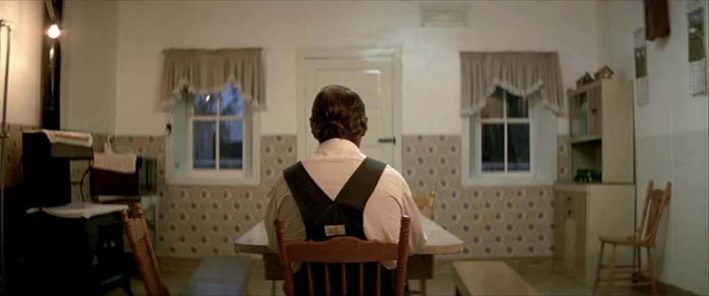 Silent Light (2007) movie still: medium — A rural dining room features patterned wallpaper and dual windows with ruffled curtains. A man sits at a…