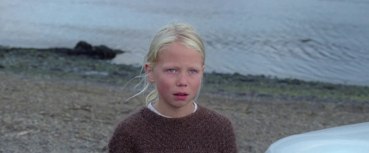 A White, White Day (2019) movie still: closeup — A pebble beach borders a calm body of water under an overcast sky. A young blonde girl wearing a…