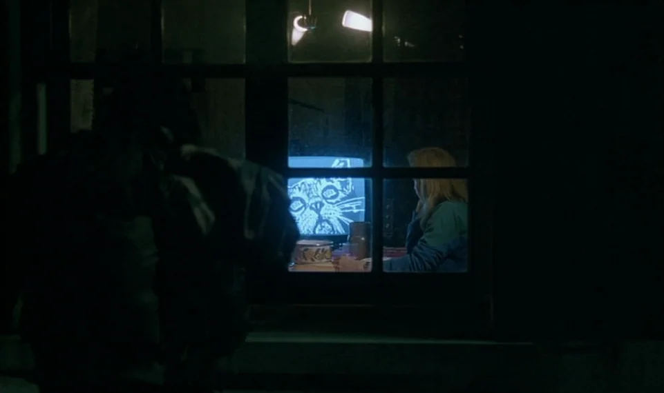 Vagabond (1985) movie still: medium — A dark night exterior shows a person observing someone through a glass pane window. Inside, a person sits…