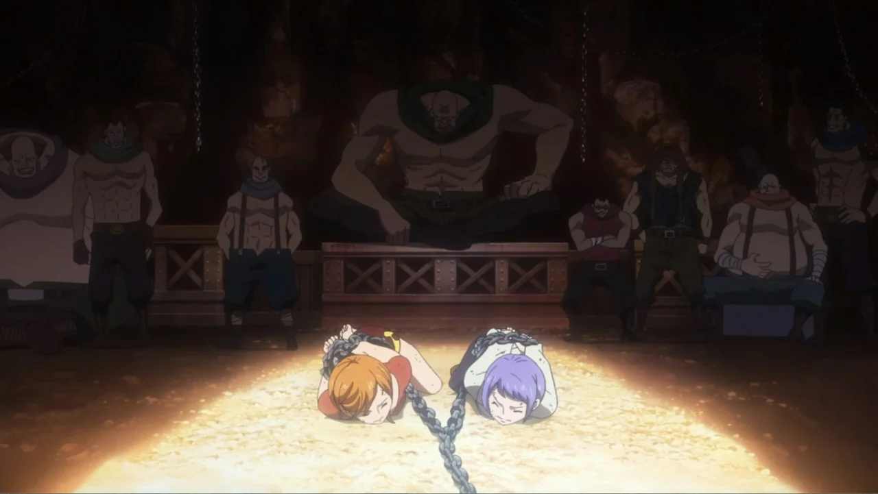 One Piece Film: GOLD (2016) movie still: wide — A dark, cavernous space with a rough rocky wall and multiple men standing around. Two young women…