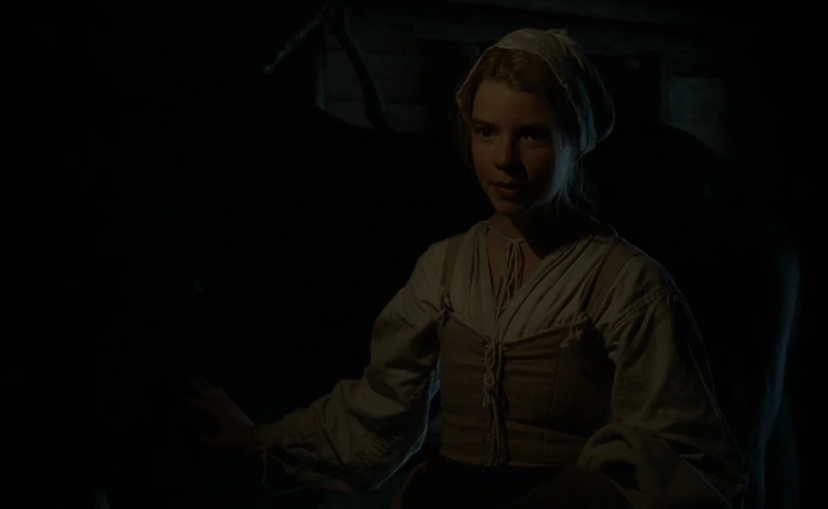 The Witch (2015) movie still: medium — A dark wooden interior space with faint textures of timber walls visible in shadow. A young woman in period…