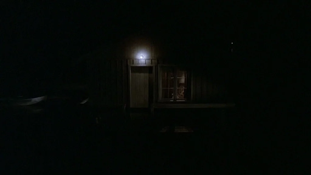 Magic (1978) movie still: establishing — A wooden cabin exterior at night is submerged in near total darkness. A solitary outdoor lamp above the…