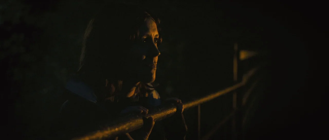 Sightseers (2012) movie still: medium — A dark outdoor space with an metal fence rail in the foreground. A woman stands in the shadows with her…