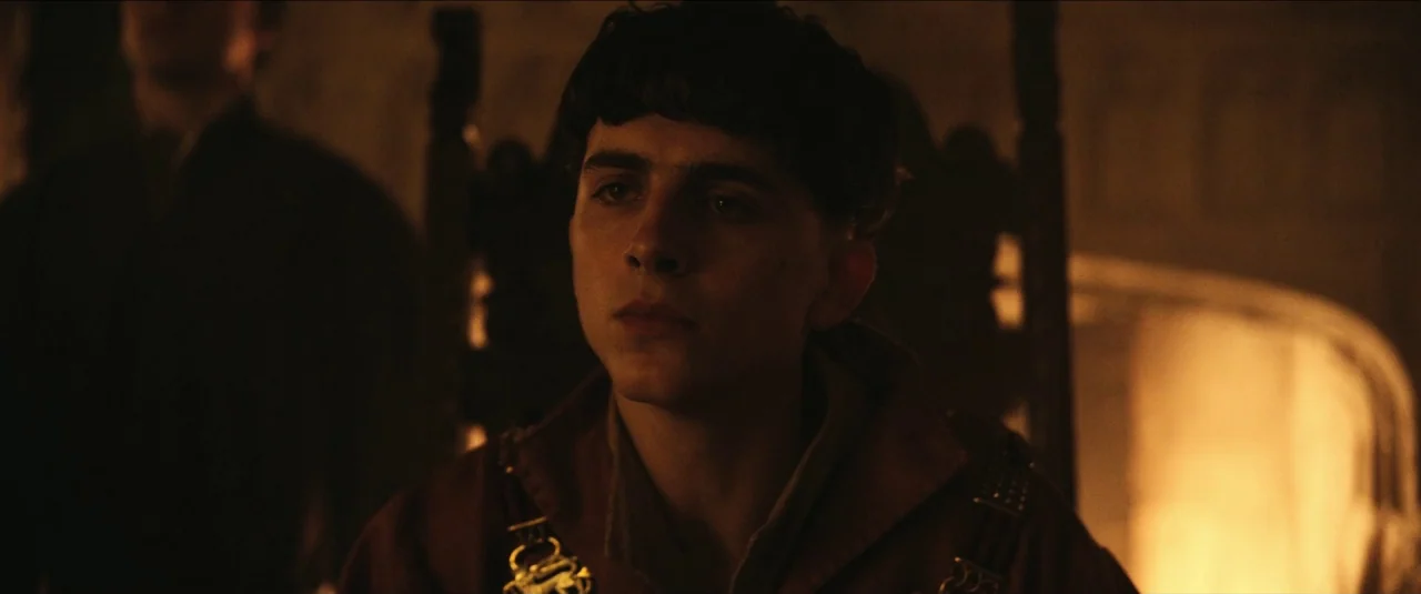 The King movie still: closeup — A dimly lit medieval hall is bathed in the warm, flickering glow of a fire. A young man sits wearing royal robes…