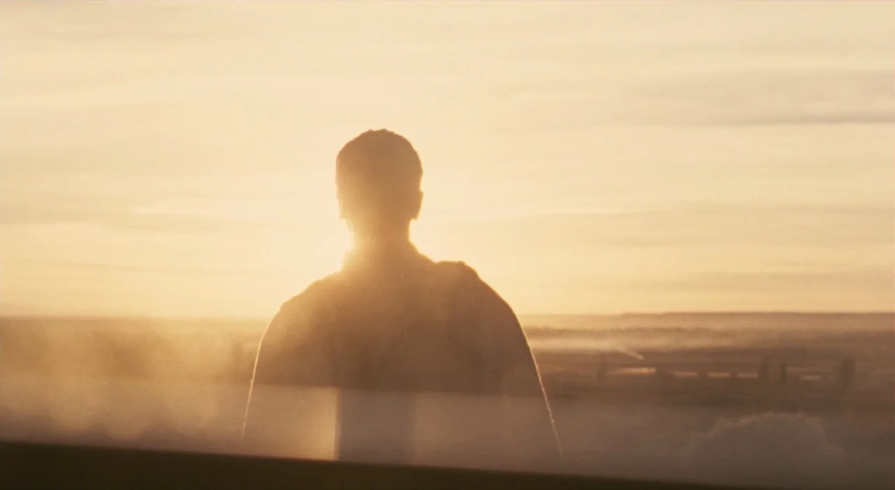 Patagonia (2010) movie still: medium — A hazy landscape stretches toward a distant horizon under a golden sunset sky. A man seen from behind stands…