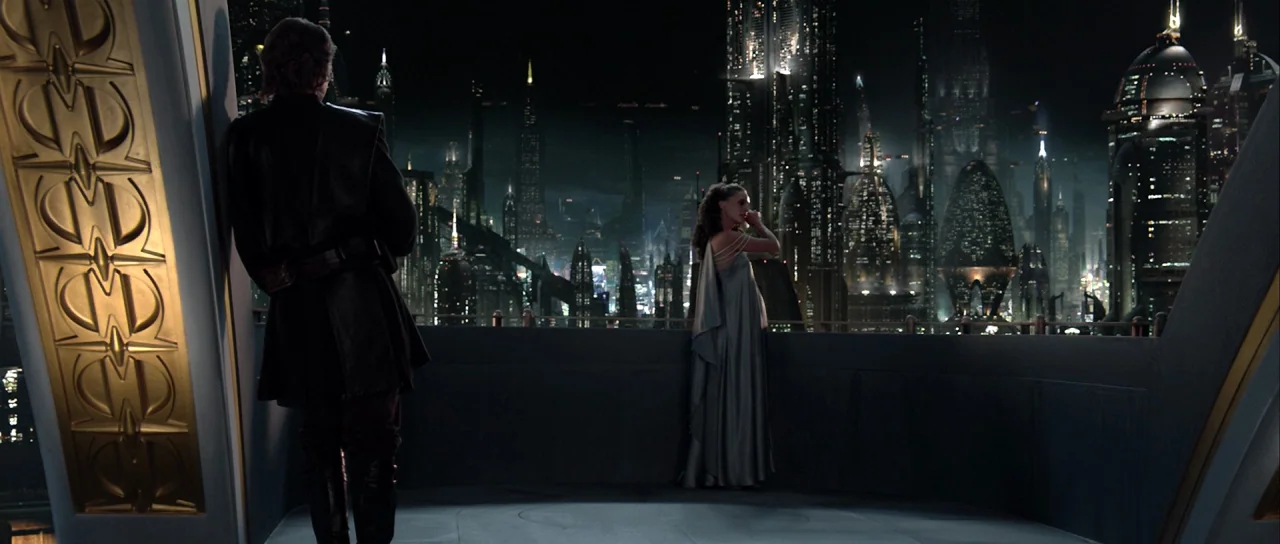 Star Wars: Episode III – Revenge of the Sith (2005) movie still: wide — An expansive outdoor balcony overlooks a sprawling futuristic cityscape with…