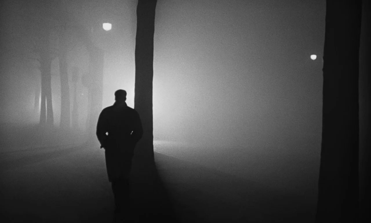 Witness In The City (1959) movie still: fullbody — A dark, fog-filled park path is lined with vertical trees and illuminated by streetlamps. A lone…