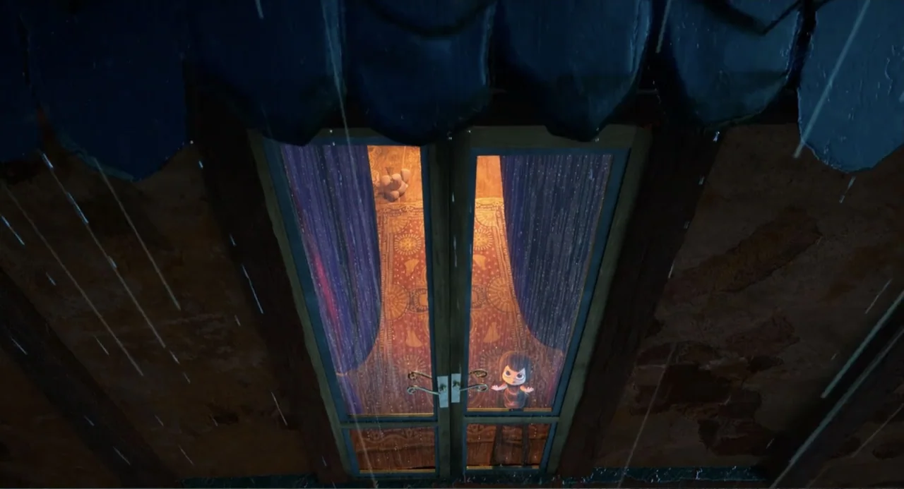 Hotel Transylvania: Transformania (2022) movie still: wide — A dark, rain-streaked exterior balcony overlooks a warm, dimly lit indoor room through…