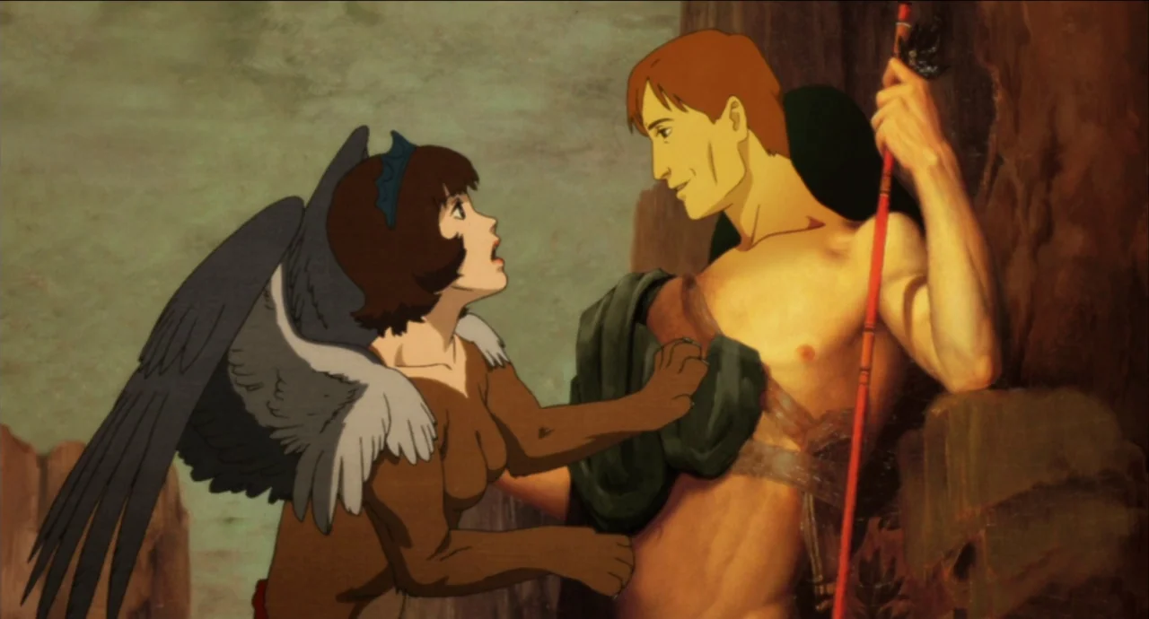 Paprika (2006) movie still: medium — A rocky, painted landscape serves as the backdrop for two mythological figures. A winged hybrid creature faces…