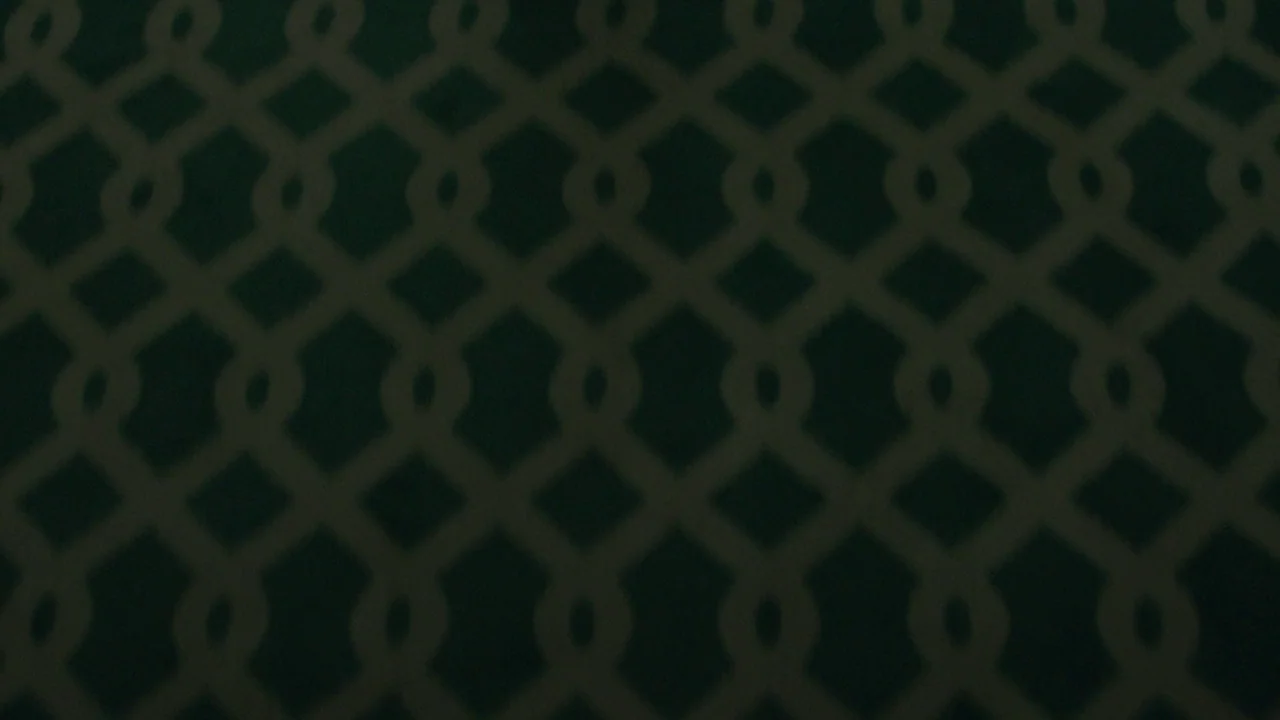 Infinity Pool (2023) movie still: closeup — An out-of-focus background surface features a repeating geometric trellis pattern in dark green. No…