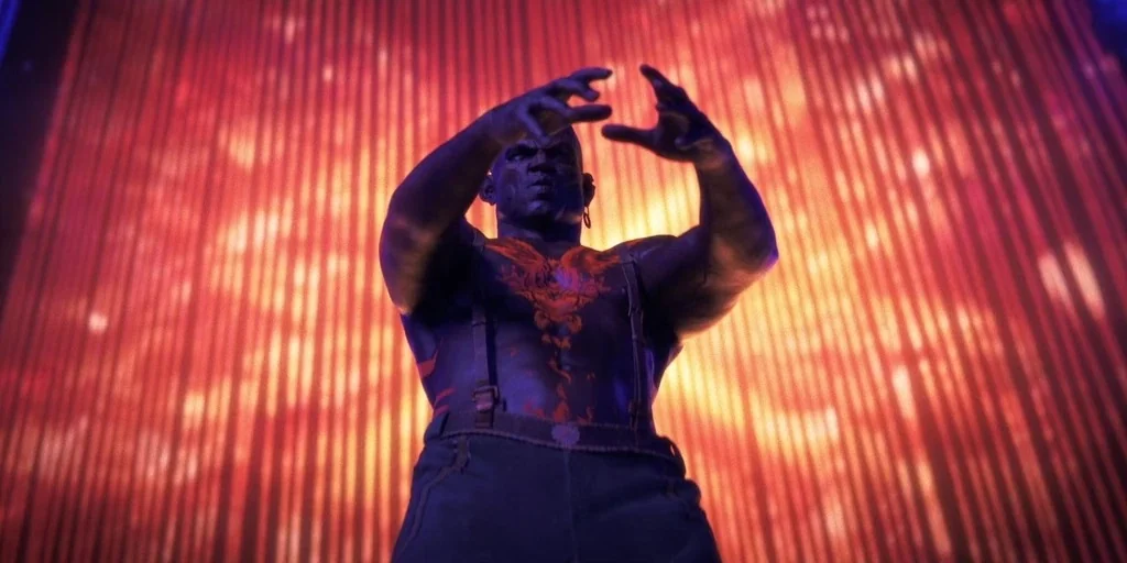 Love, Death & Robots (2019) movie still: medium — A man stands before a bright, fiery-patterned slatted wall in a dark space. He holds his hands out…