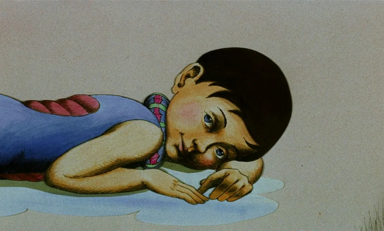 Fantastic Planet (1973) movie still: closeup — A flat illustrated background displays a child lying on a patch of light blue. The character rests on…