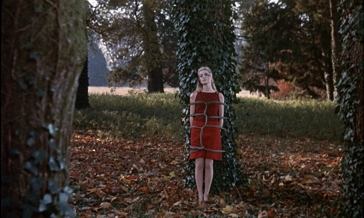 Belle De Jour (1967) movie still: fullbody — A woman stands tied to a thick tree trunk covered in green ivy. The ground is covered in dried autumn…